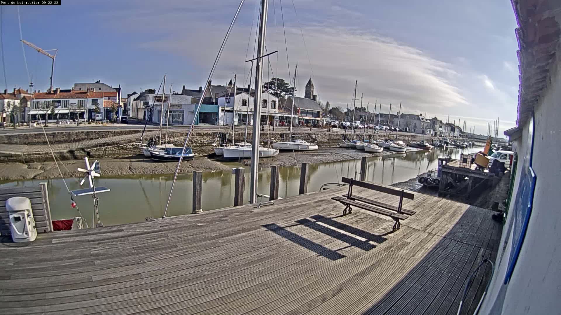 A waterfront dock with several sailboats moored in a calm harbor under a partly cloudy sky.
