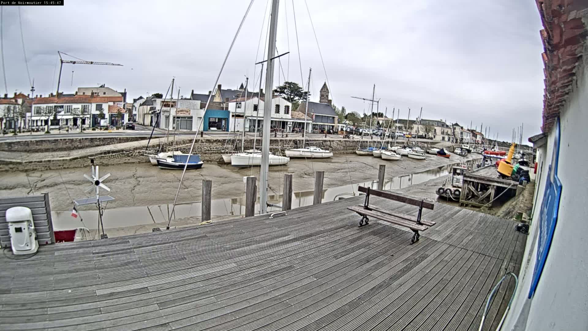 A wooden dock overlooks a harbor with numerous sailboats at low tide under an overcast sky.