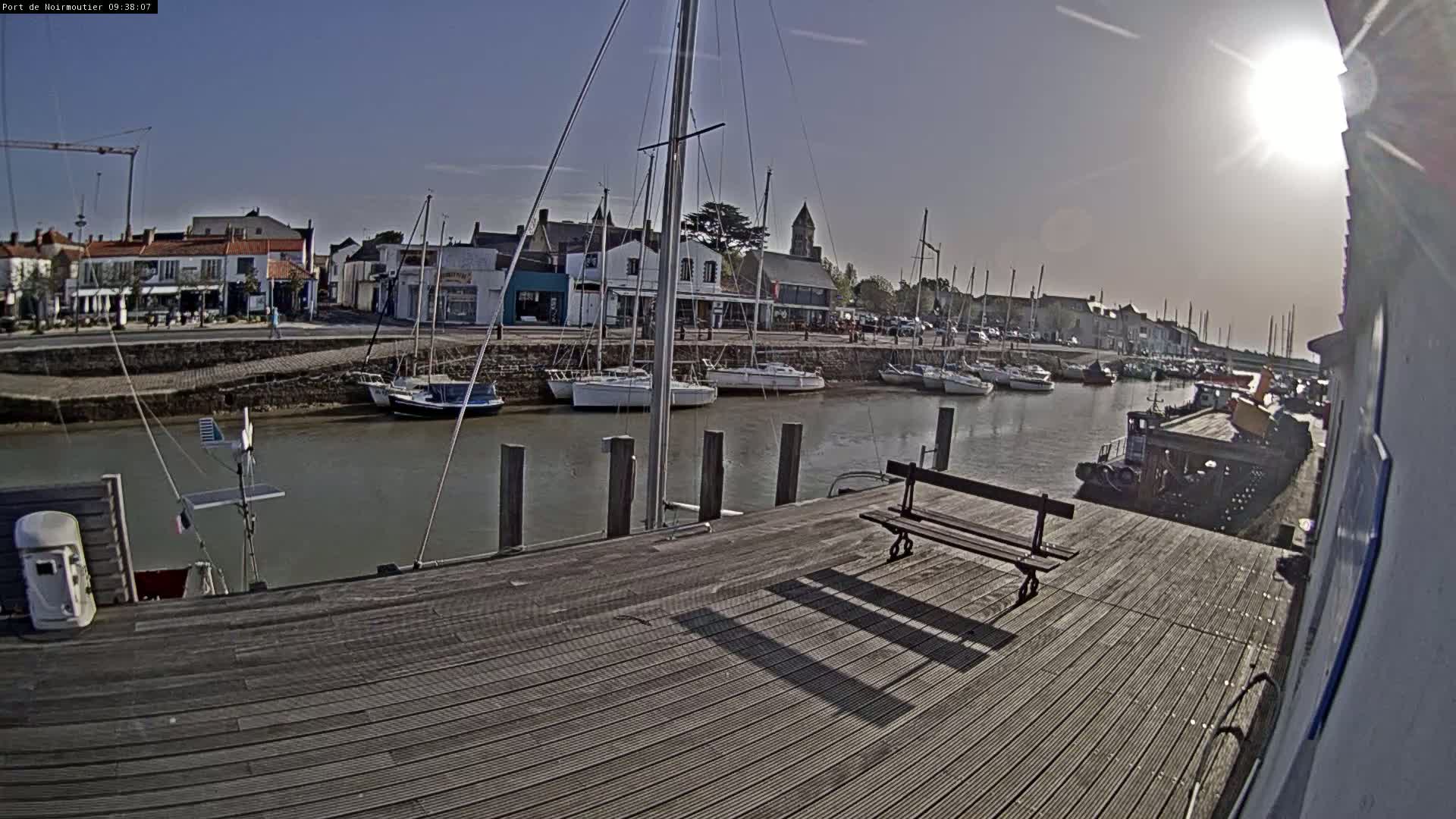 A sunny day at a harbor shows sailboats docked along a waterfront, with a wooden dock and bench in the foreground.