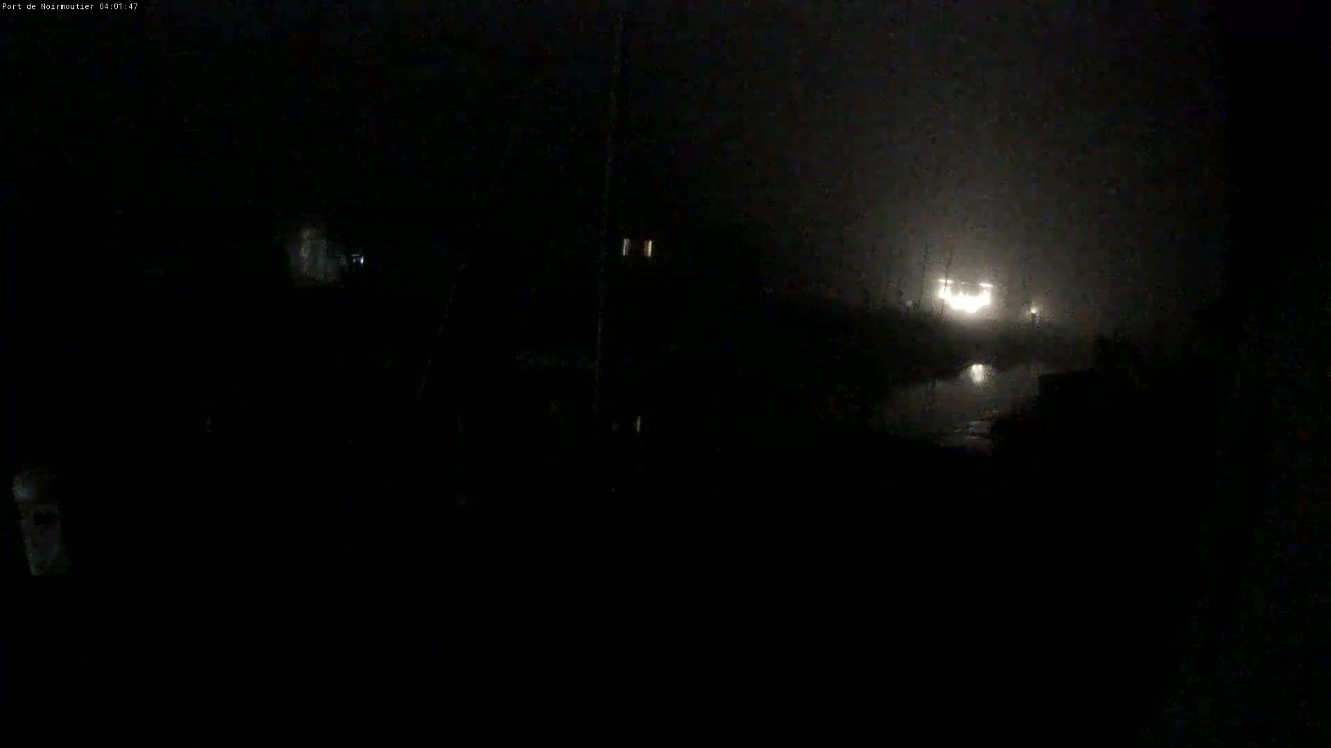 A dark, foggy night scene shows a body of water reflecting a bright light source in the distance.