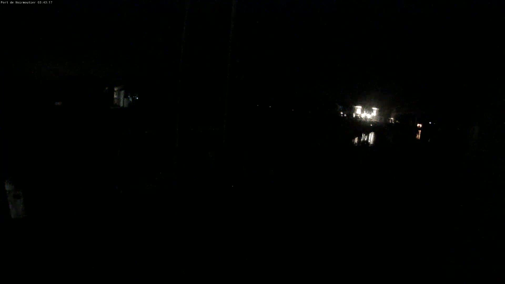 A nighttime, low-light view of a body of water reflecting a few distant lights.