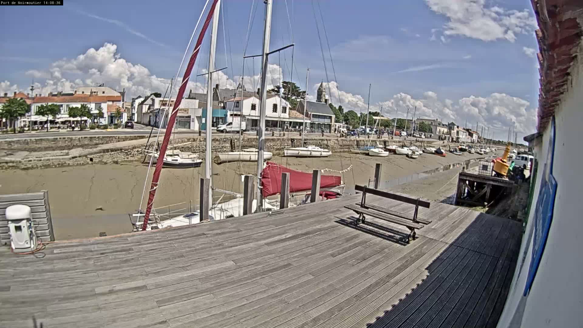 A wooden dock overlooks a harbor filled with sailboats at low tide under a partly cloudy sky.