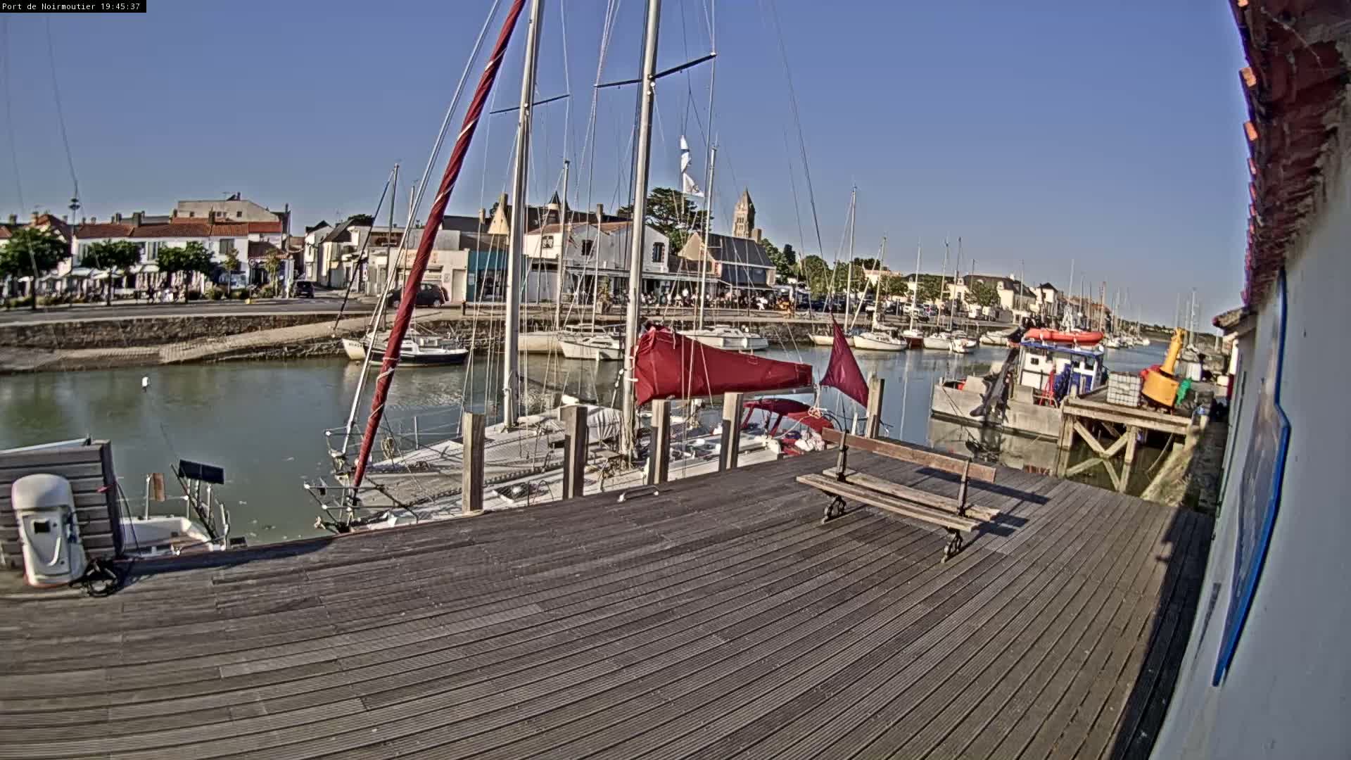 A wooden dock overlooks a calm harbor filled with sailboats and small vessels under a clear, sunny sky.