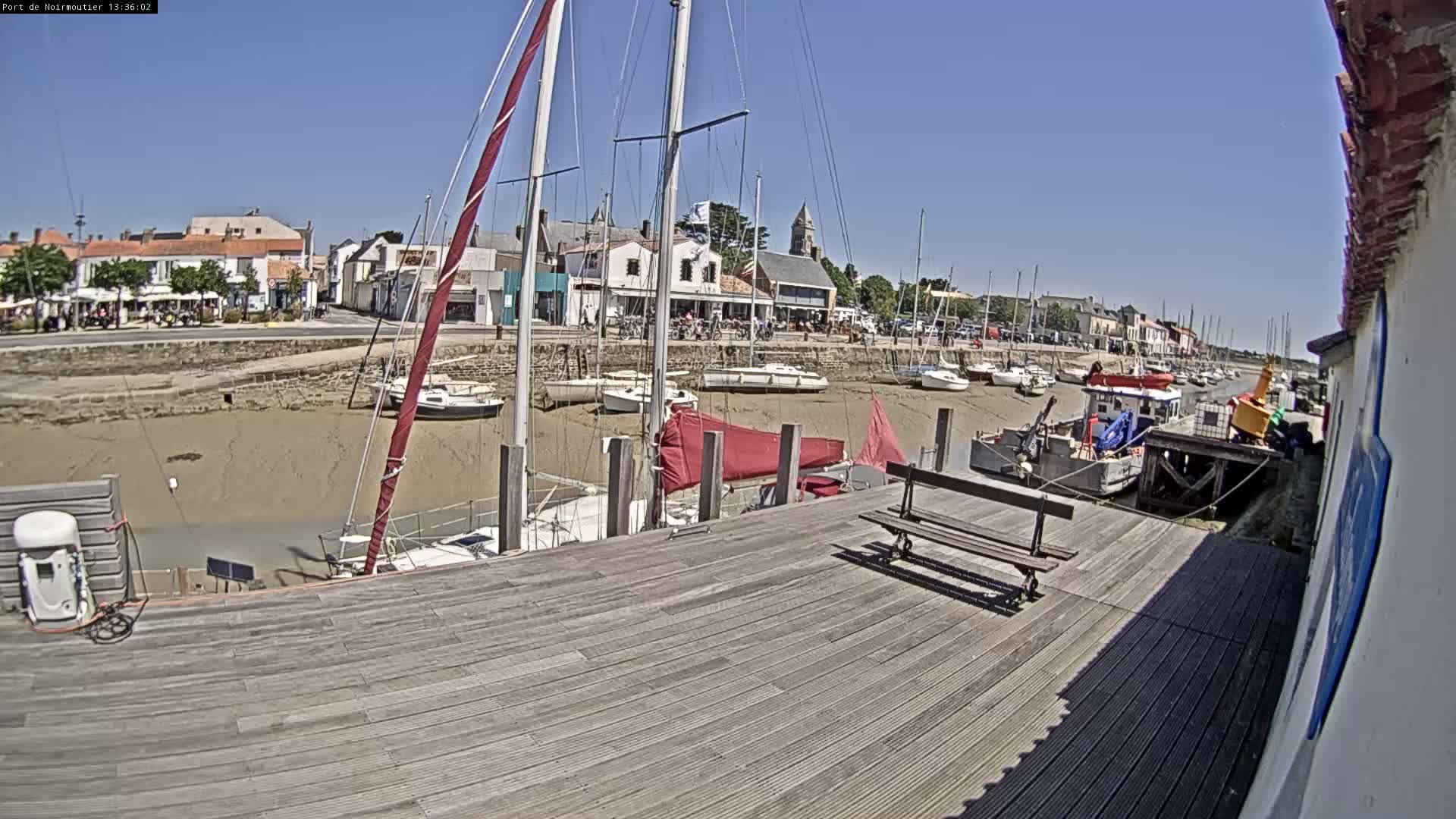 A wooden dock overlooking a harbor at low tide, with numerous sailboats and small vessels moored, under a clear sunny sky.