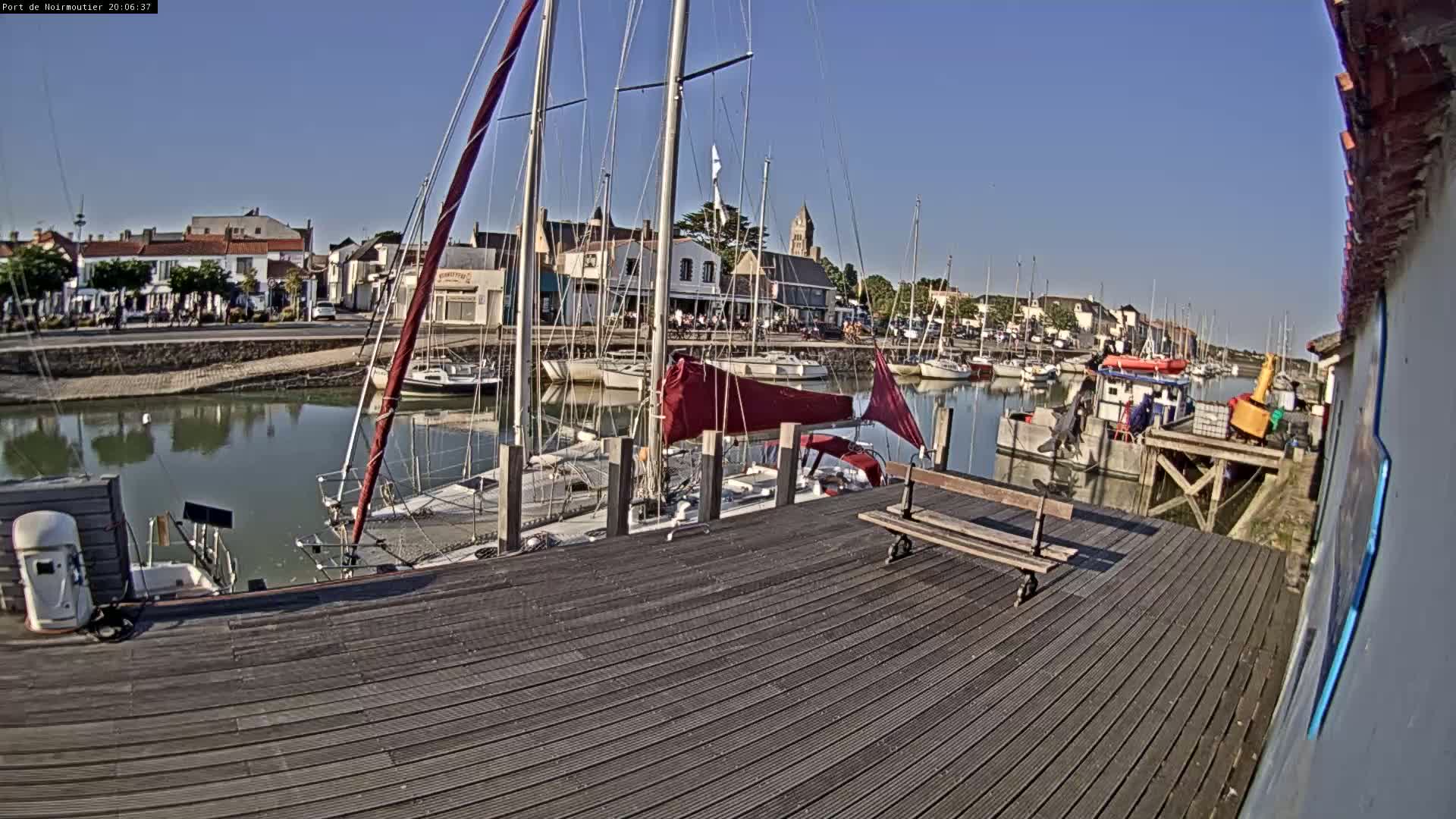 A harbor filled with sailboats and small fishing vessels under a clear, sunny sky is viewed from a wooden dock.