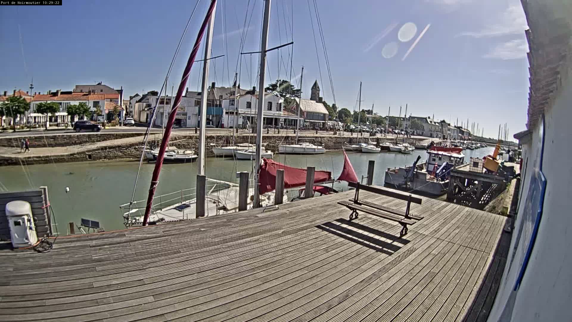 A sunny day at a harbor shows numerous sailboats docked along a waterfront with buildings visible in the background and a wooden deck in the foreground.