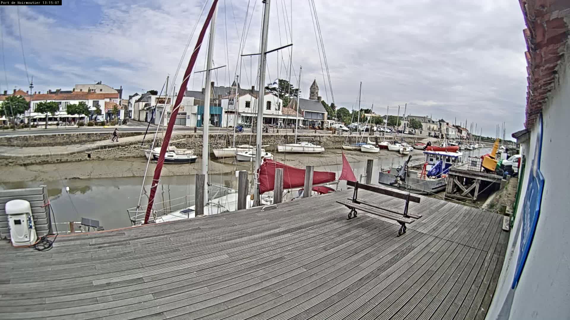 A wooden dock overlooks a harbor filled with sailboats at low tide under a cloudy sky.