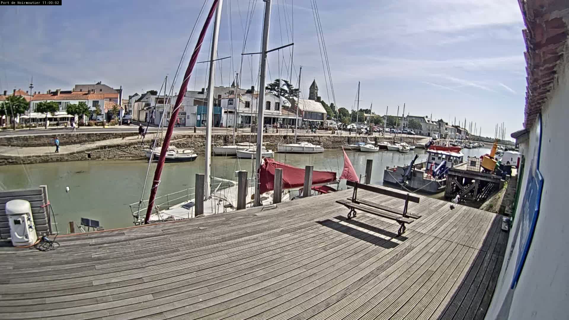 A sunny day at a harbor shows sailboats docked along a waterfront town with a wooden boardwalk and benches.