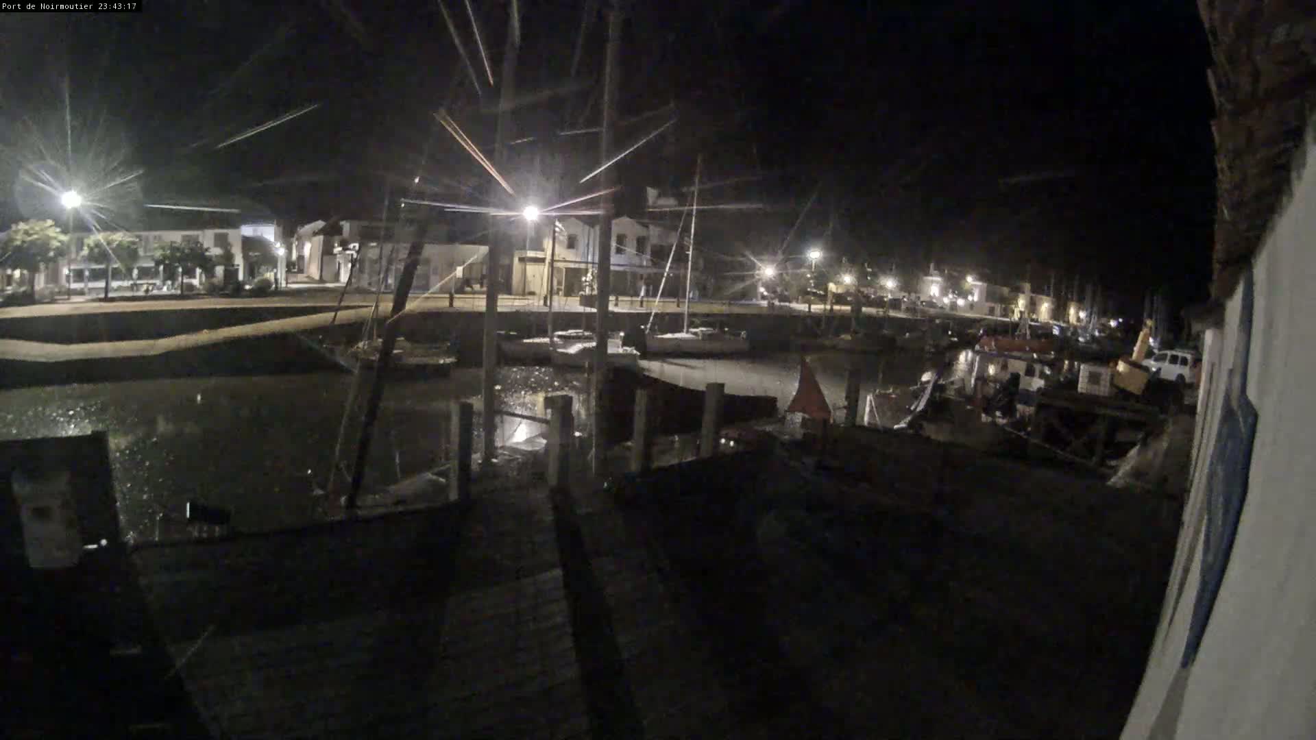 A nighttime view of a harbor filled with boats, illuminated by streetlights under a dark sky.
