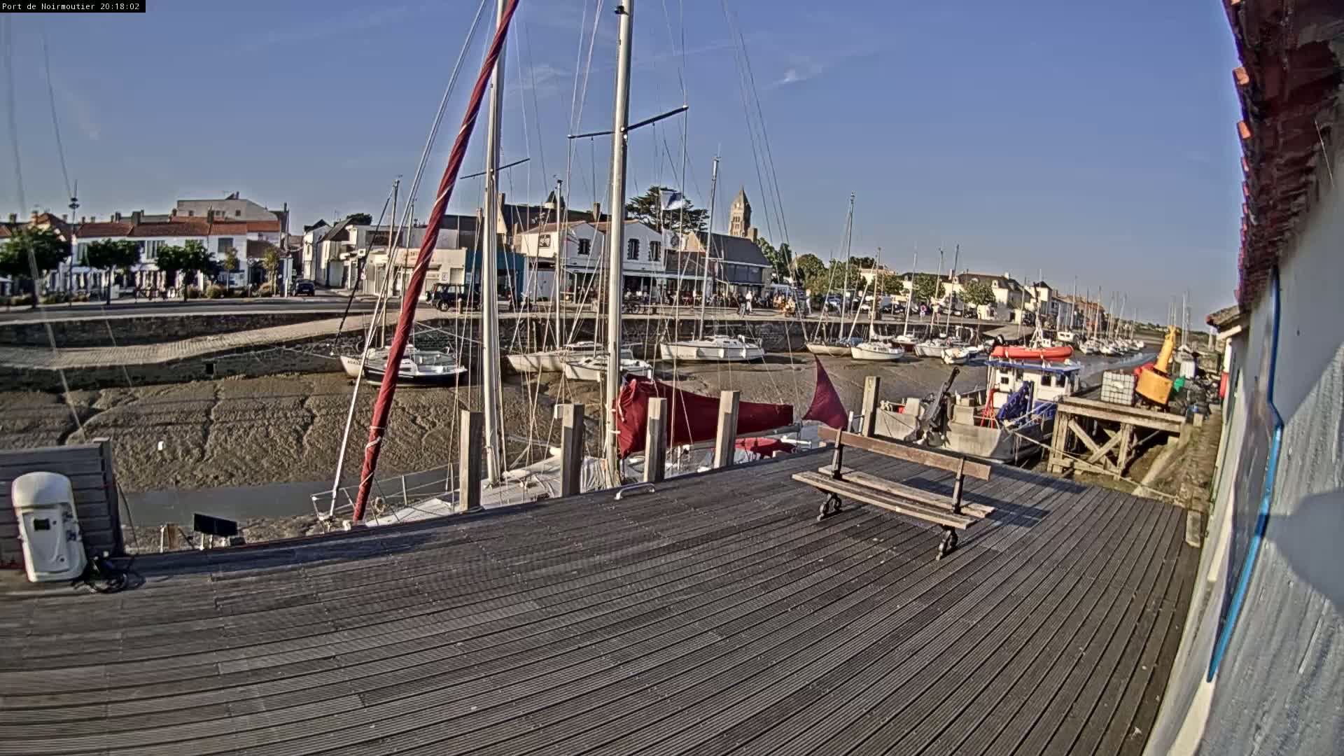 A harbor with sailboats docked at low tide on a sunny day.