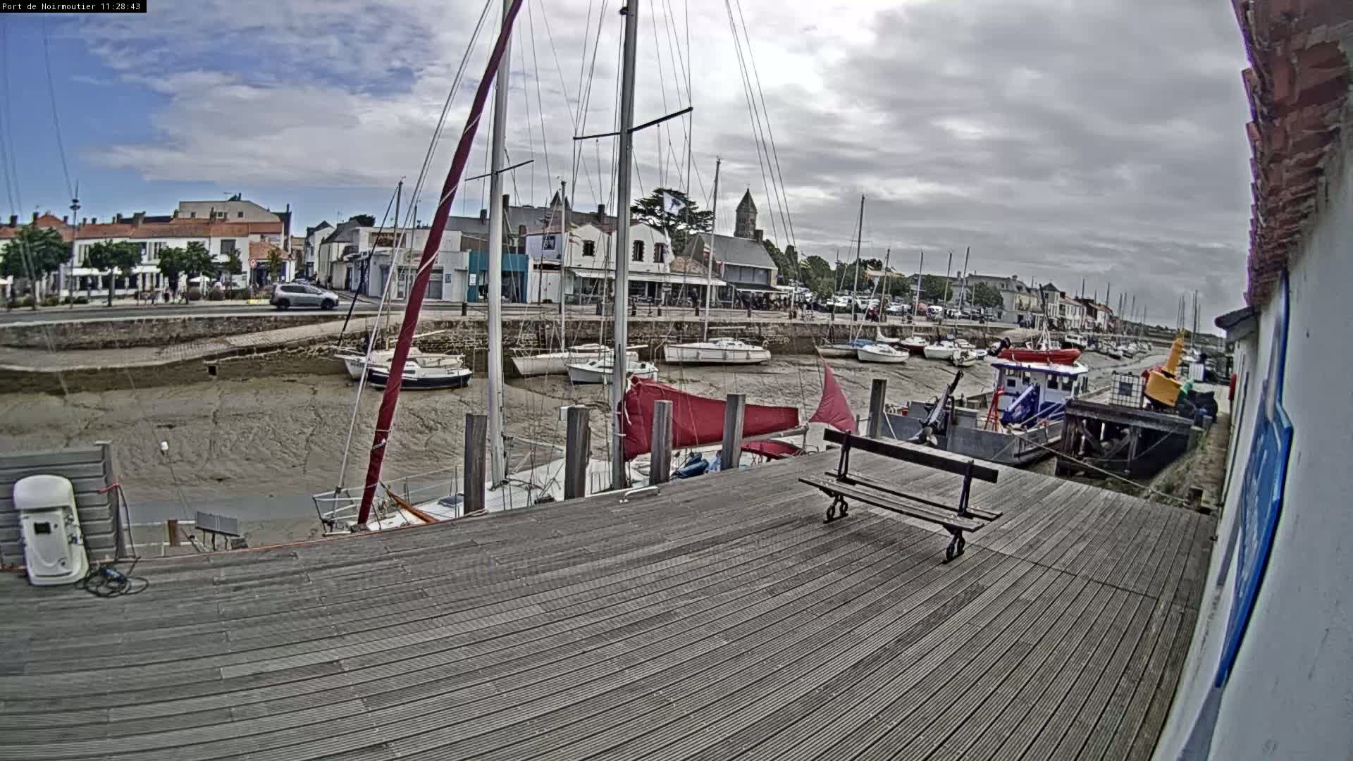 A harbor with numerous sailboats docked at low tide under an overcast sky, viewed from a wooden dock.