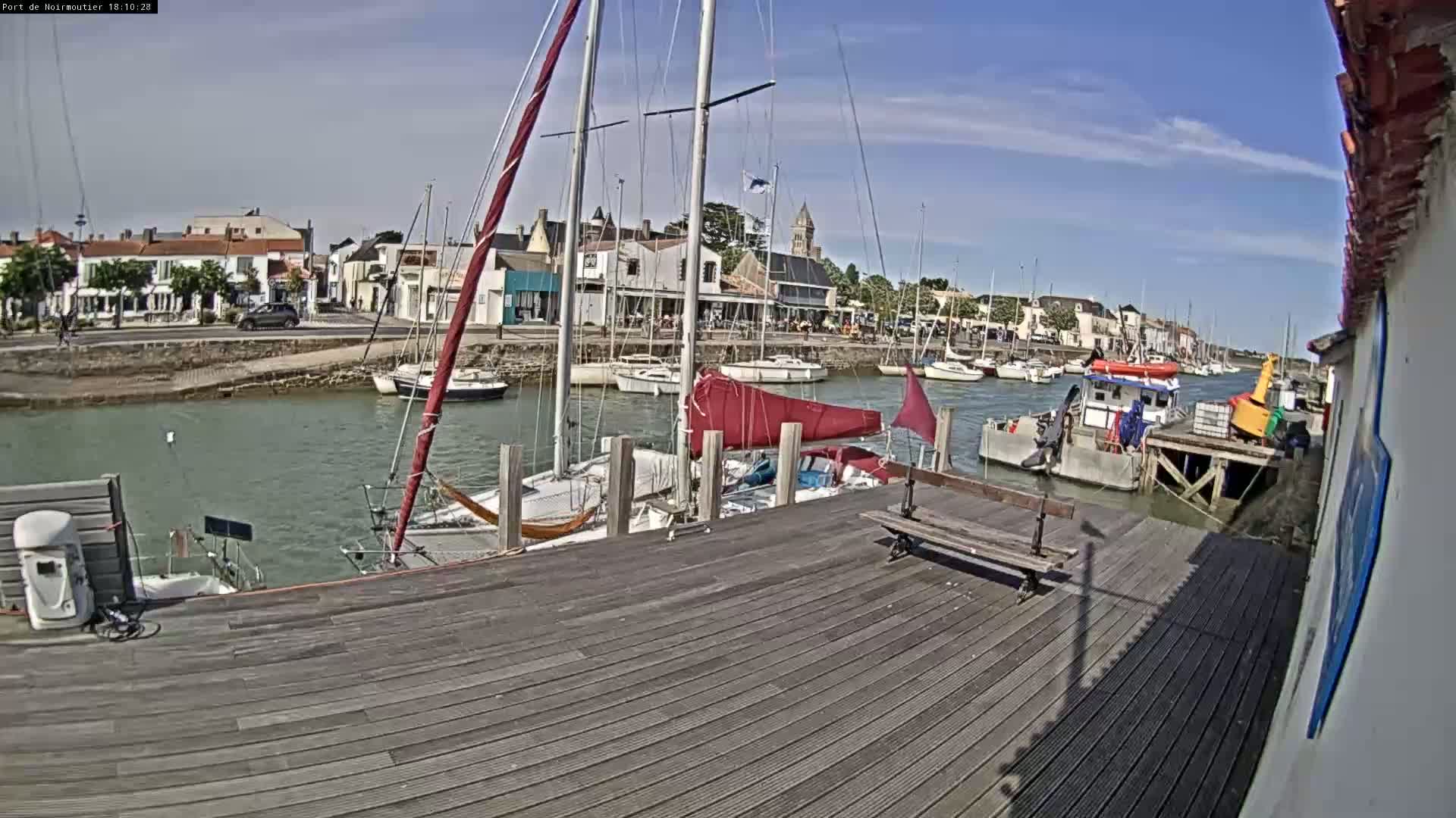 A sunny day at a harbor shows sailboats docked at a wooden pier next to a waterfront town.