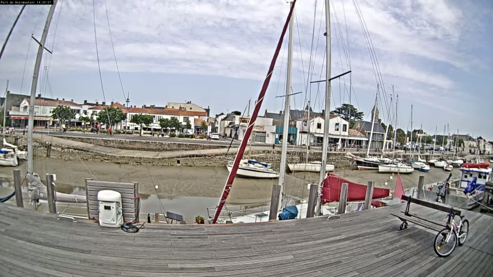 A mostly sunny day shows a harbor filled with sailboats at low tide, with a town and a wooden dock in the background.