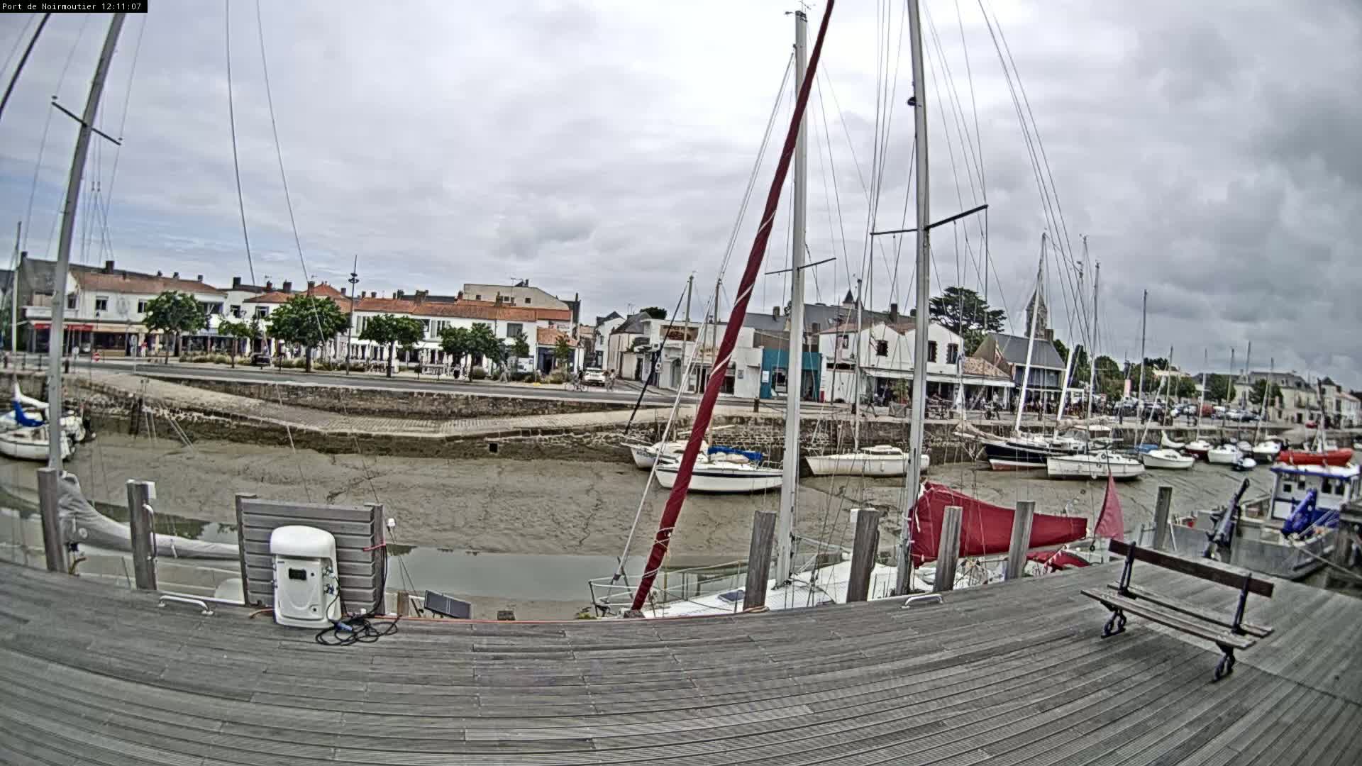 A wooden dock overlooks a harbor filled with sailboats at low tide under a cloudy sky.