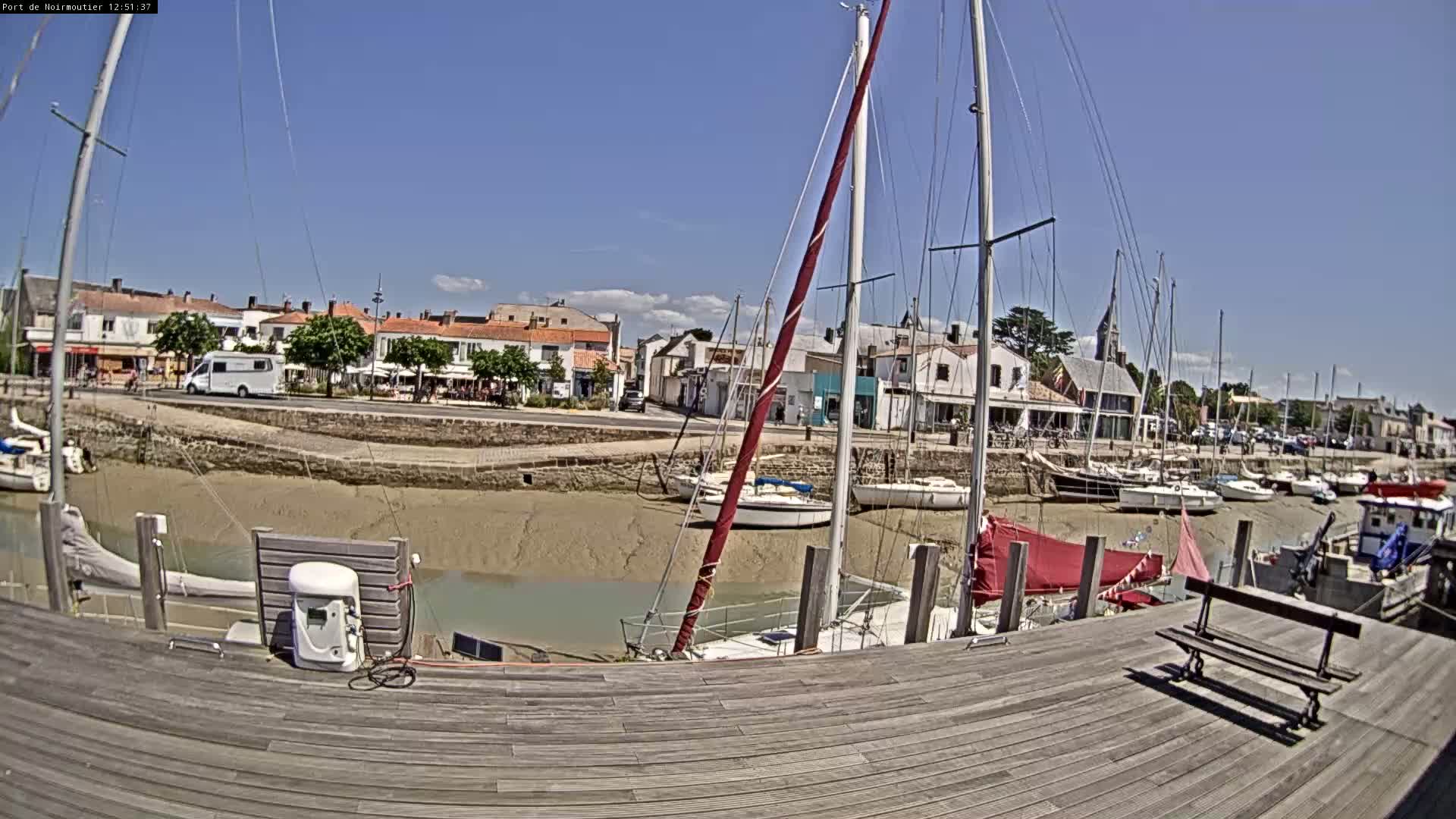 A sunny day at a harbor shows sailboats docked at low tide, with a town visible in the background.