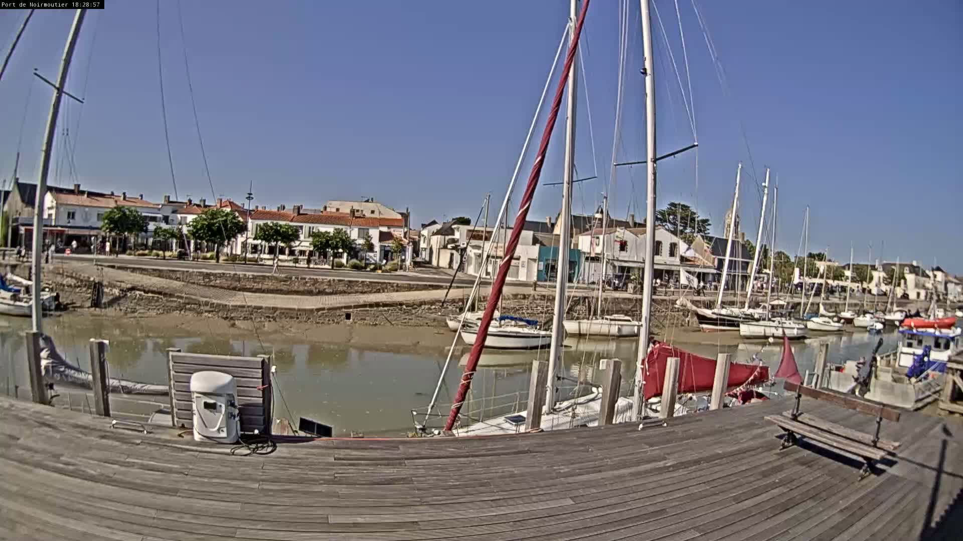 A harbor with sailboats docked along a wooden dock under sunny skies, shallow water revealing exposed mudflats.
