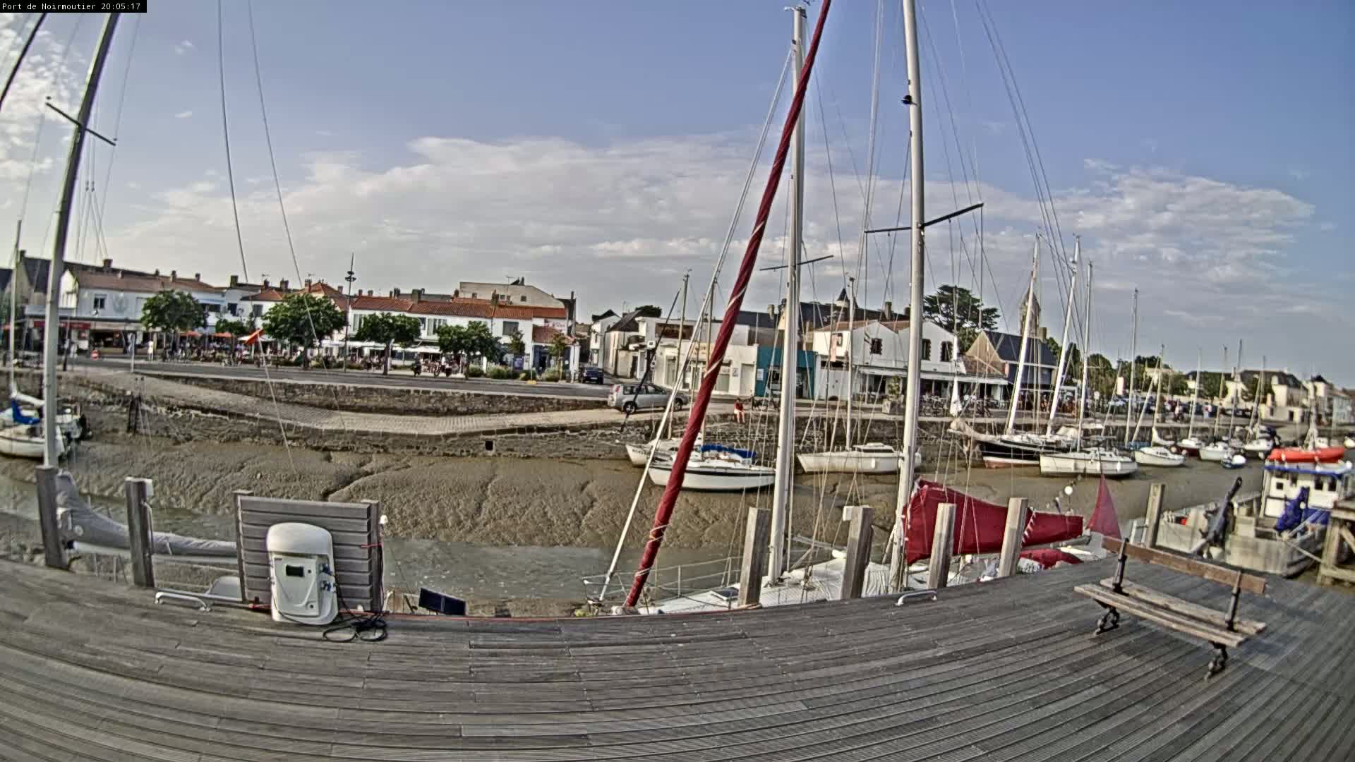 A harbor with sailboats docked at low tide under a partly cloudy sky.
