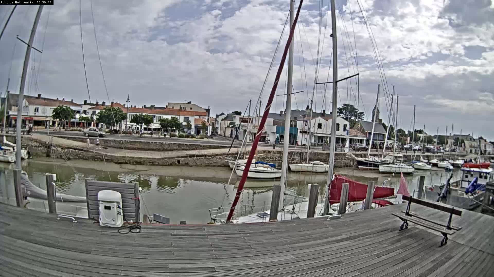 A partly cloudy day shows sailboats docked in a harbor next to a town.