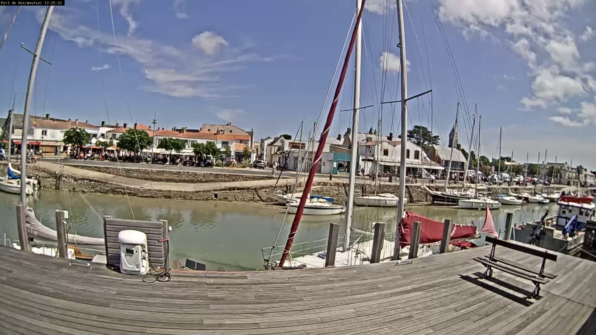 A sunny day at a harbor shows numerous sailboats docked along a waterfront with buildings and people visible in the background.