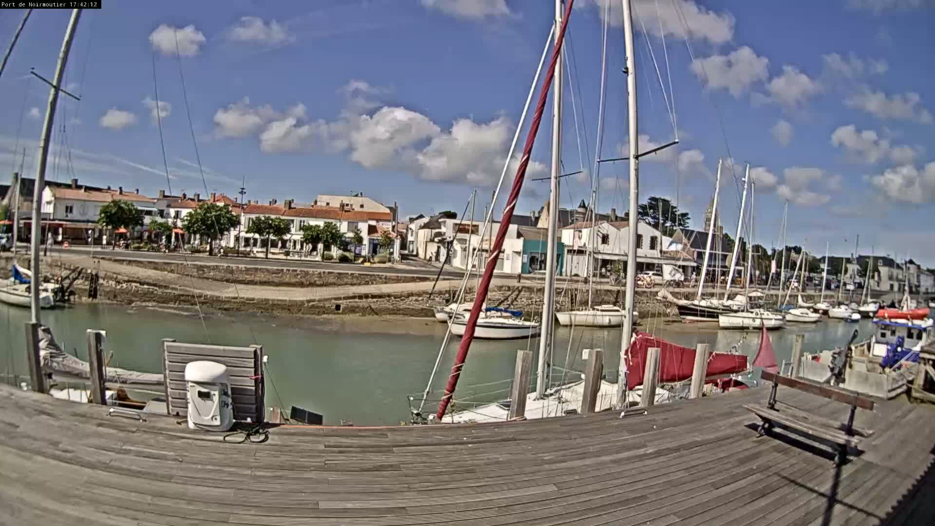 A sunny day at a harbor shows sailboats docked along a waterfront with buildings and trees lining the shore.