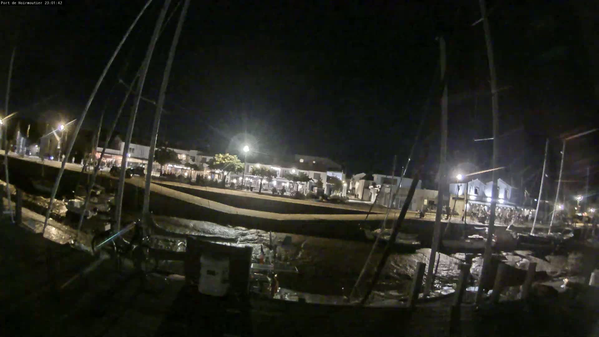 A nighttime view from a boat in a harbor shows a waterfront town with lights and people visible along the shore, under a dark, clear sky.