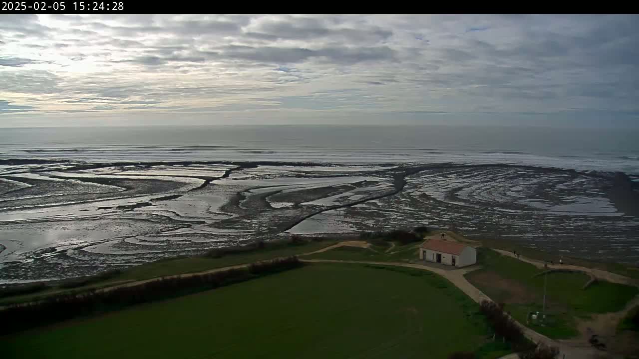 An aerial view shows a small building on a grassy area overlooking an expansive, patterned tidal flat that meets a gray, overcast ocean with gentle waves.