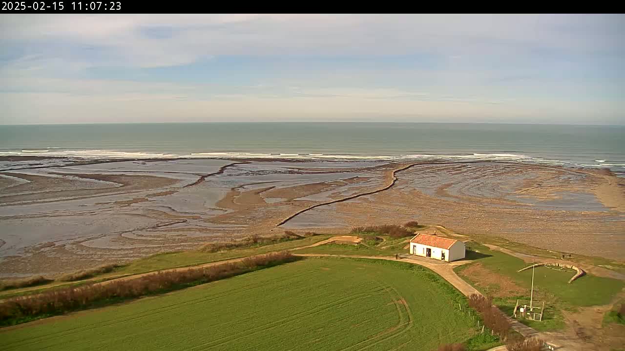 An aerial view shows a small white building near a coastline with a calm ocean under a partly cloudy sky.