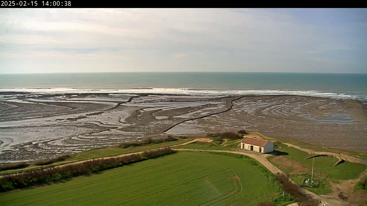 An aerial view shows a small building situated on a grassy area overlooking a tidal flat and ocean with gentle waves under a partly cloudy sky.