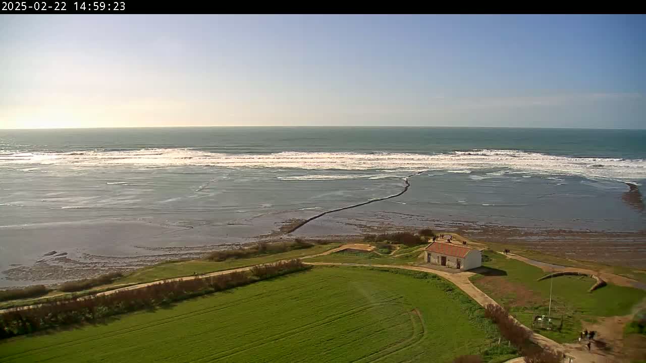 A high-angle view shows a small, white building near the ocean on a sunny day with waves breaking on the shore.