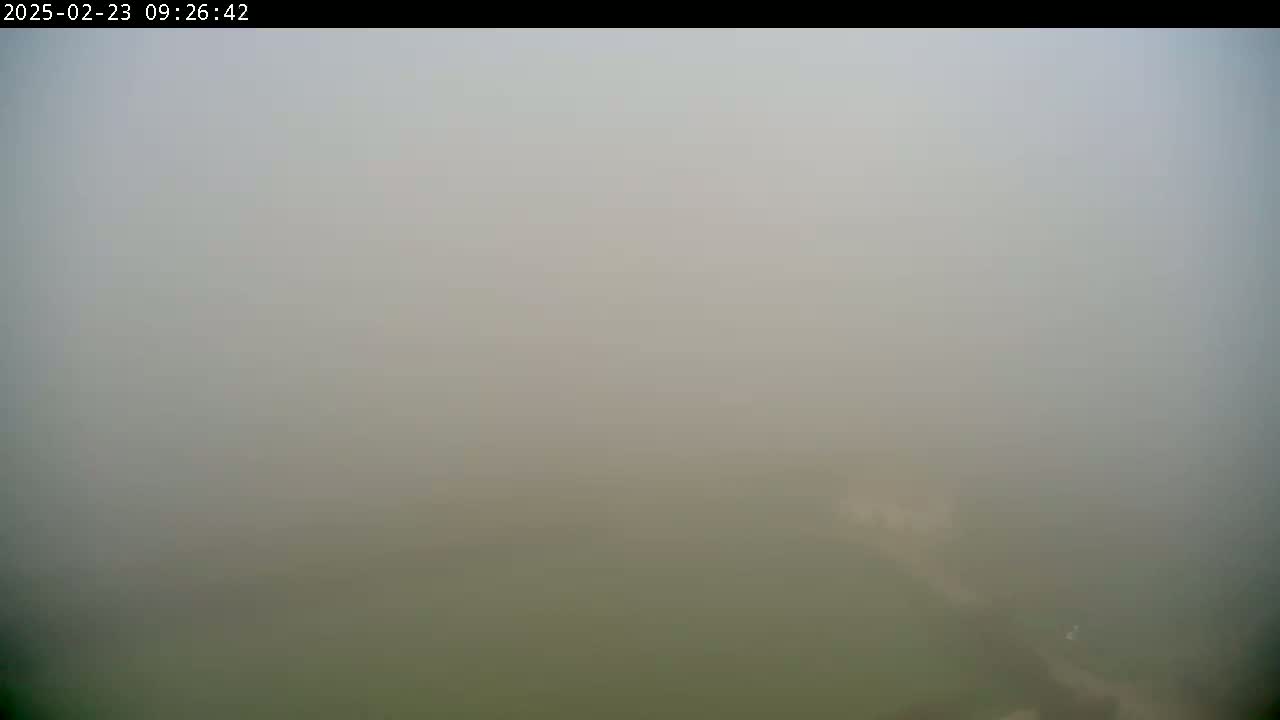 A hazy, foggy landscape is visible from a high vantage point, showing a muted green ground and a faint path.