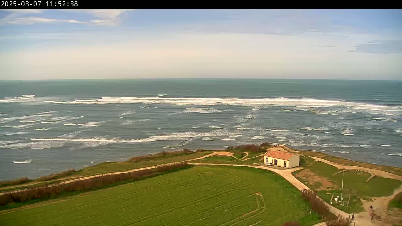 An aerial view shows a small, tan house situated on a grassy cliff overlooking a restless ocean with small waves under a mostly cloudy sky.