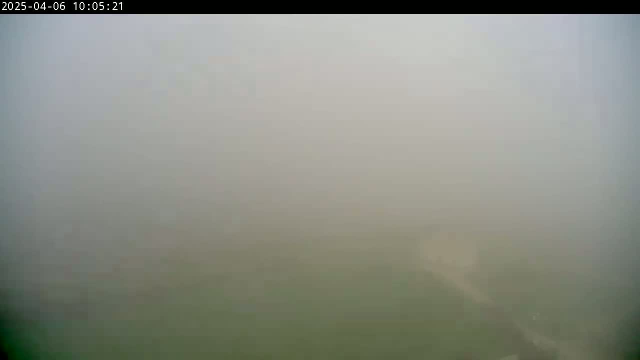 A hazy, foggy scene obscures the view of a mostly flat, green landscape.