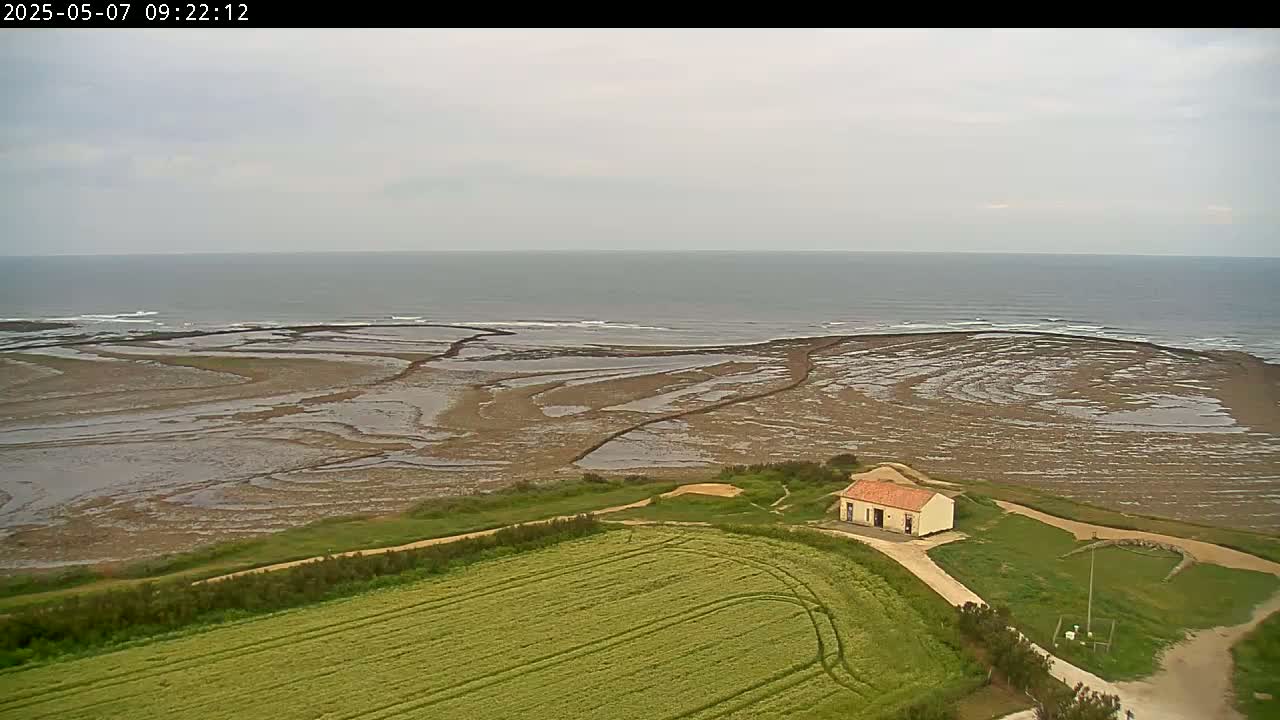 An overcast day reveals a coastal scene of a small building near a green field overlooking an expansive, low-tide ocean and mudflats.