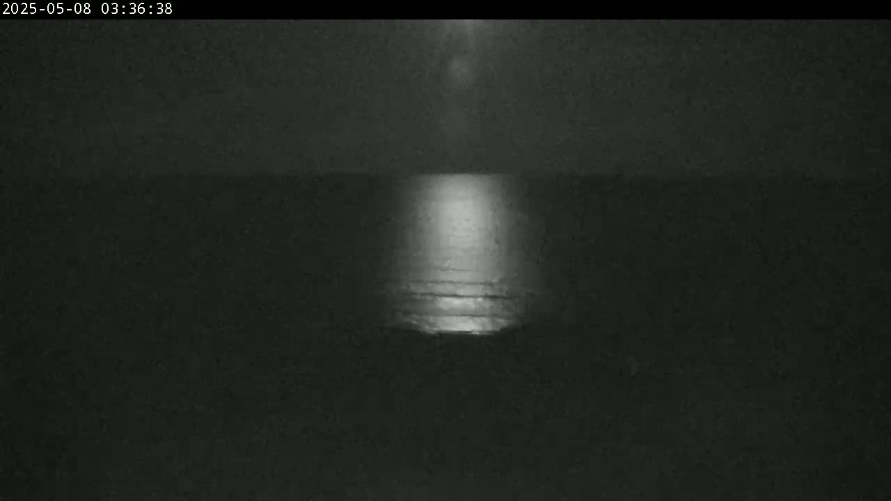 A nighttime view shows a body of water reflecting a bright light source.