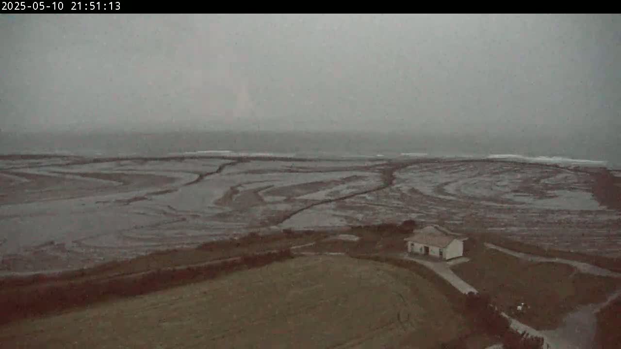A small house sits on a brown field overlooking a tidal flat and a gray, overcast ocean.