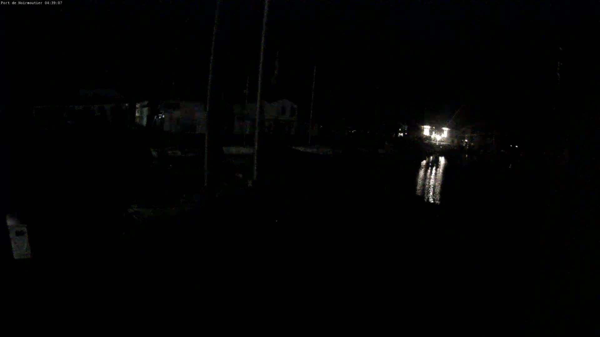 A dark nighttime scene shows a calm body of water reflecting lights from buildings and boats in a marina.
