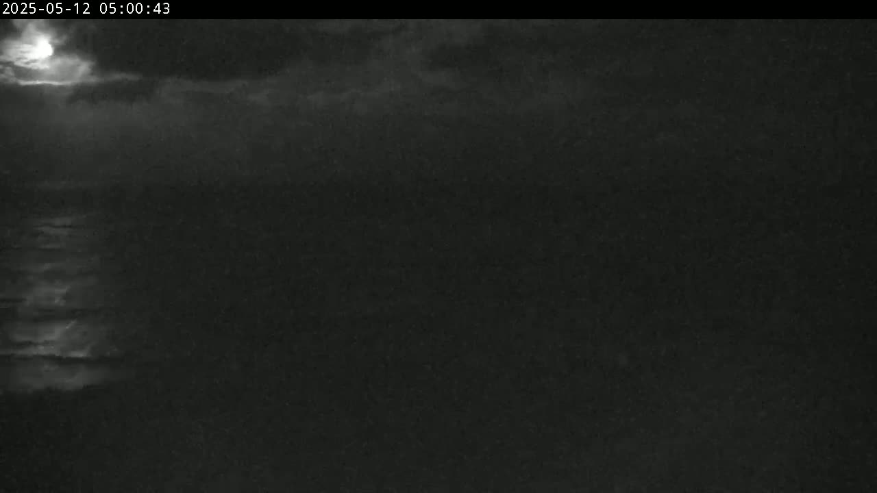 A nighttime view of a dark body of water under a mostly cloudy sky illuminated by a bright moon.