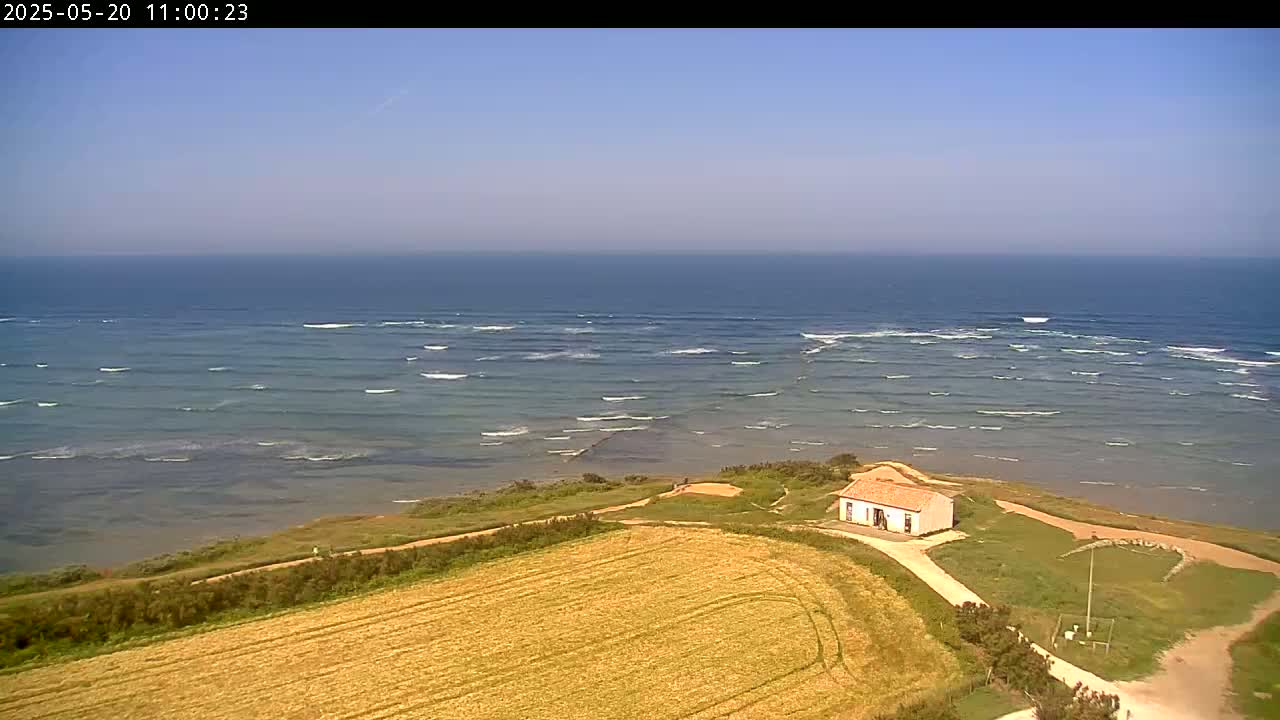 An aerial view shows a small house on a grassy coastal point overlooking a blue ocean with small waves under a clear sky.