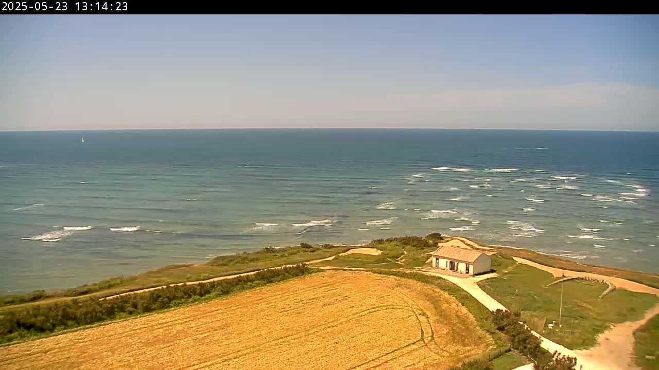 A small house sits on a grassy cliff overlooking a wavy ocean under a clear sky.