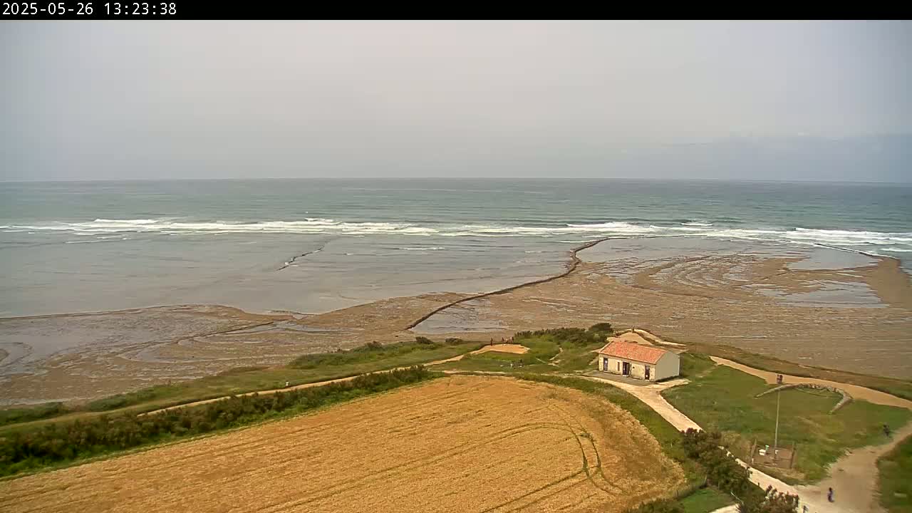 A high-angle view shows a coastal scene under an overcast sky, featuring a small building near a sandy shore with exposed tidal flats and gentle waves in the ocean beyond.