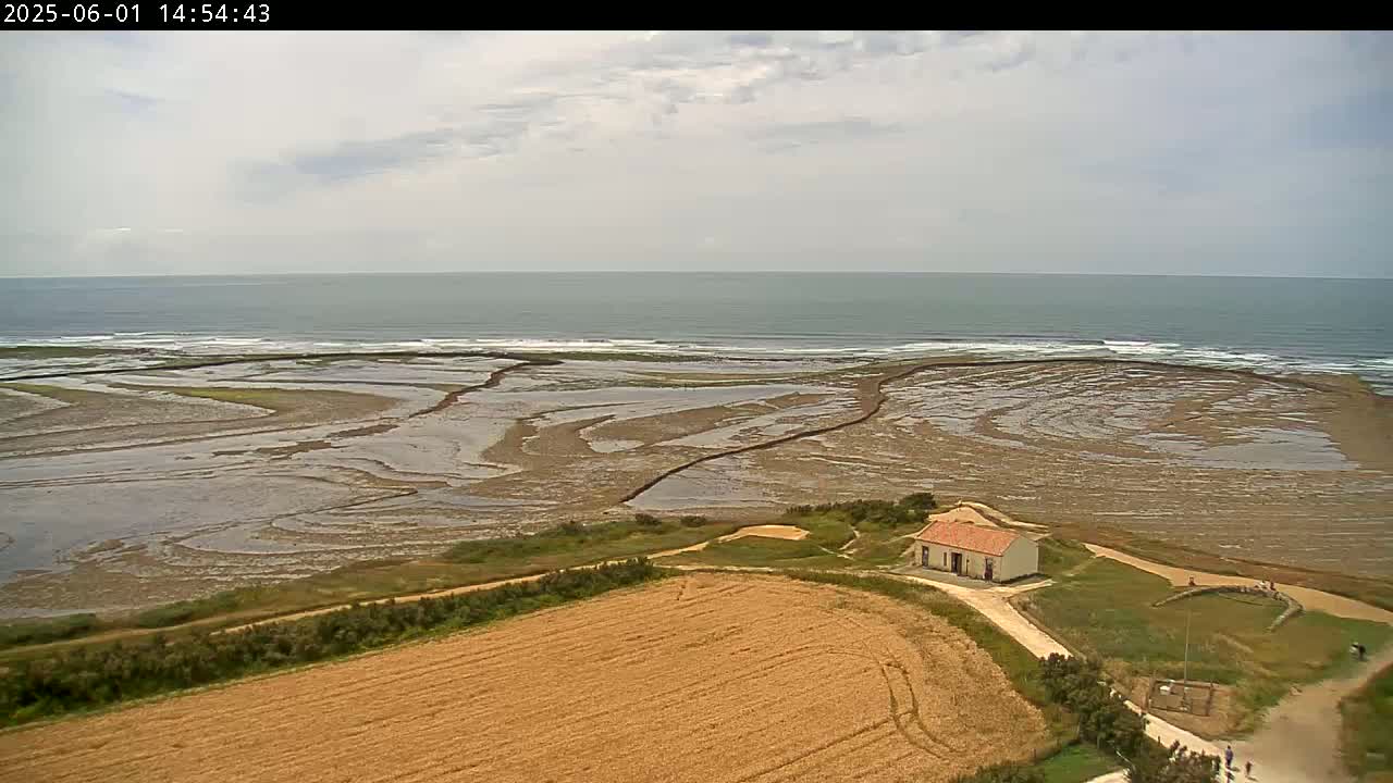 A high-angle view shows a coastal scene under overcast skies, featuring a small building near a field bordering a tidal flat leading to the ocean with small waves.