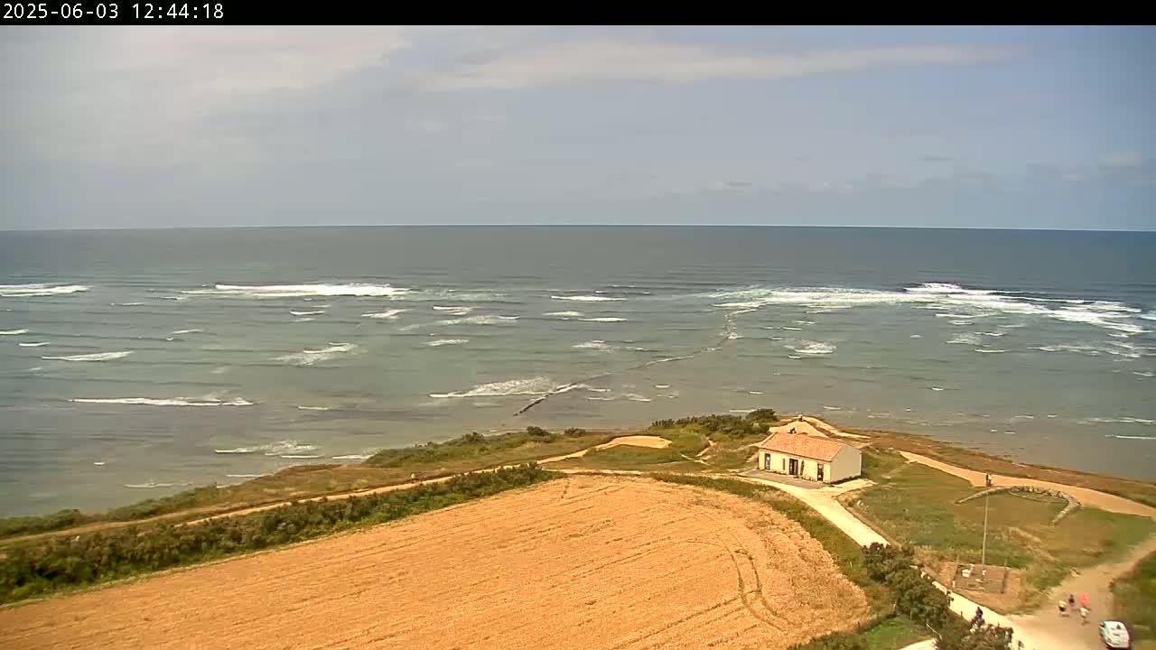 A small building sits on a grassy coastal area next to a tan field overlooking a sea with moderate waves under a partly cloudy sky.