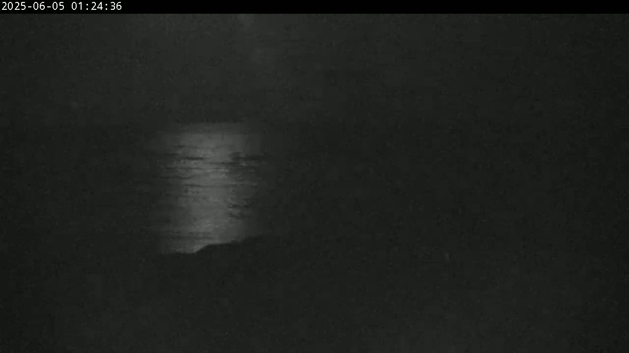 A dark, nighttime scene shows a body of water reflecting a bright light source.