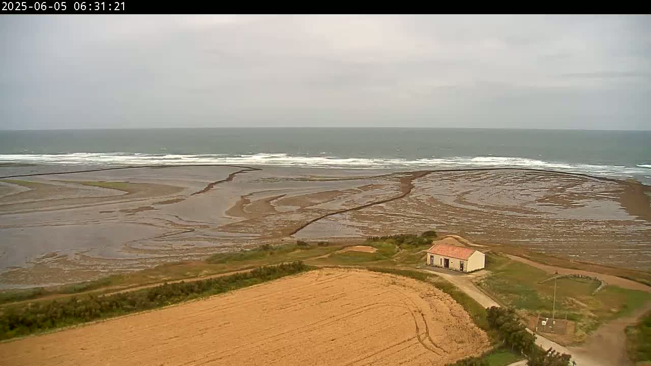 A small building sits near a plowed field overlooking a tidal flat and a wavy ocean under an overcast sky.