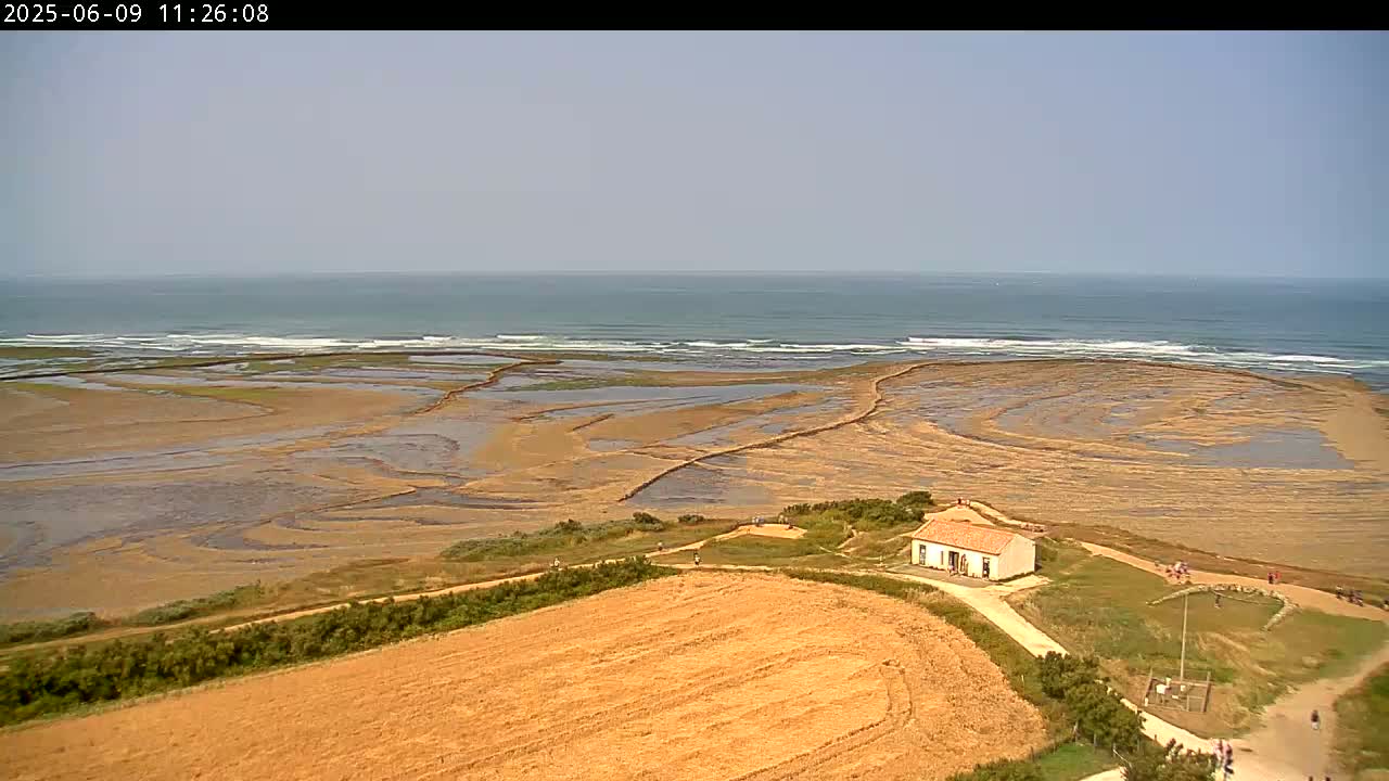A high-angle view shows a coastal scene on a partly sunny day, with a small building near a sandy expanse leading to a gently waving ocean.
