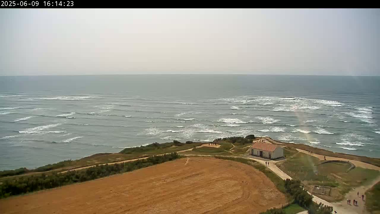 A small, light-colored building sits on a grassy coastal bluff overlooking a gently wavy ocean under an overcast sky.
