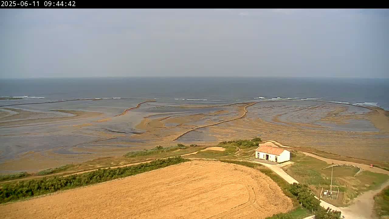 A high-angle view shows a small white house situated on a grassy area near a large expanse of tidal flats leading to a calm ocean under a mostly cloudy sky.