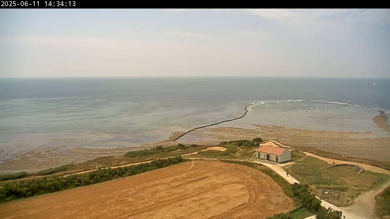 A high-angle view shows a calm sea meeting a low-lying coastline with a small house, a brown field, and a breakwater extending into the water.