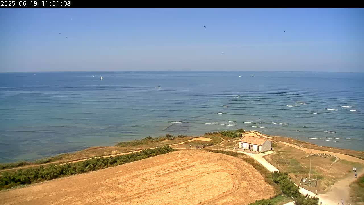A high-angle view shows a small house on a coastal cliff overlooking a calm ocean with several small boats and a clear blue sky.