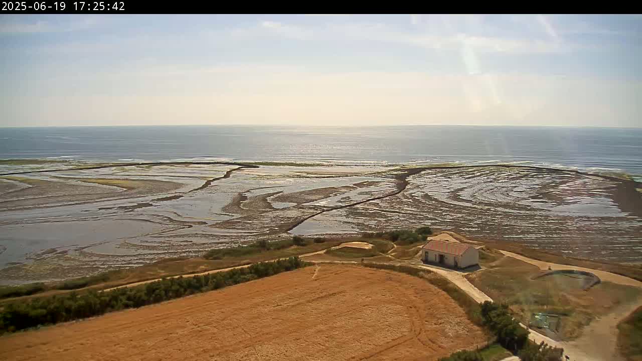 A high-angle view shows a coastal scene under sunny skies with a calm sea, low-lying tidal pools, a small building, and a harvested, tan-colored field.